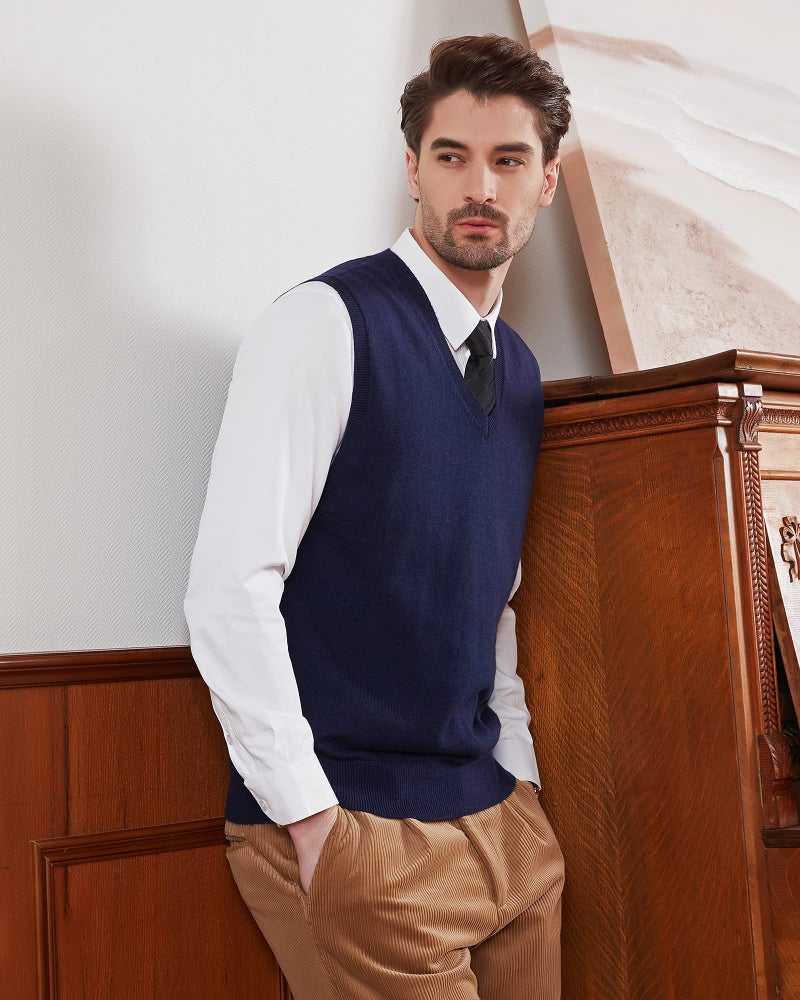 Kallspin Men's Wool Blended Vest Sweater Relaxed Fit V Neck Sleeveless Knitted Pullover (Navy Blue, Medium) - Image 4
